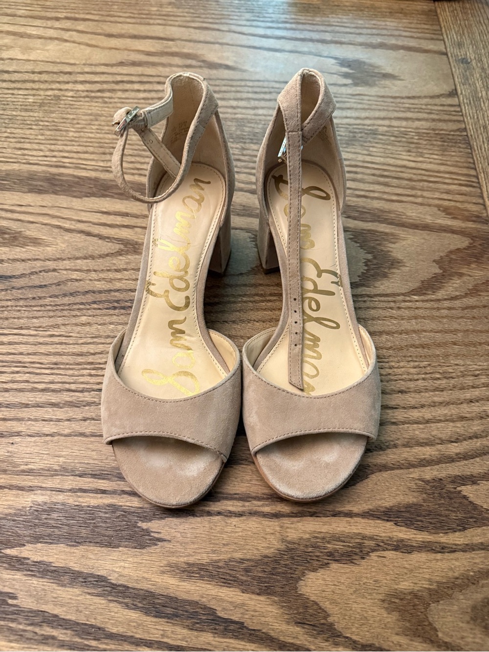 Sam Edelman Taupe Suede Ankle Strap Block Heels